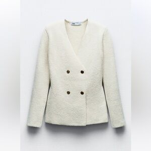 Zara knit peplum blazer ecru small woven buttons sweater cardigan 5755/013